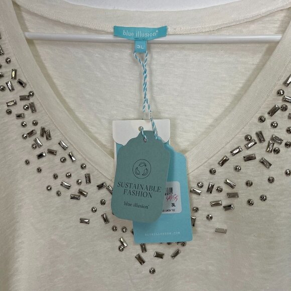 Blue illusion Womens V-Neck Embellished Linen T-Shirt Size 3L White Short Sleeve - Picture 3 of 9